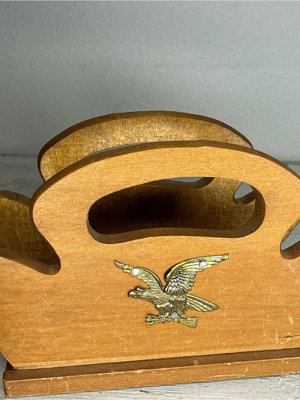 Wooden Napkin/Letter Holder with Gold Eagle Accent - Light Brown